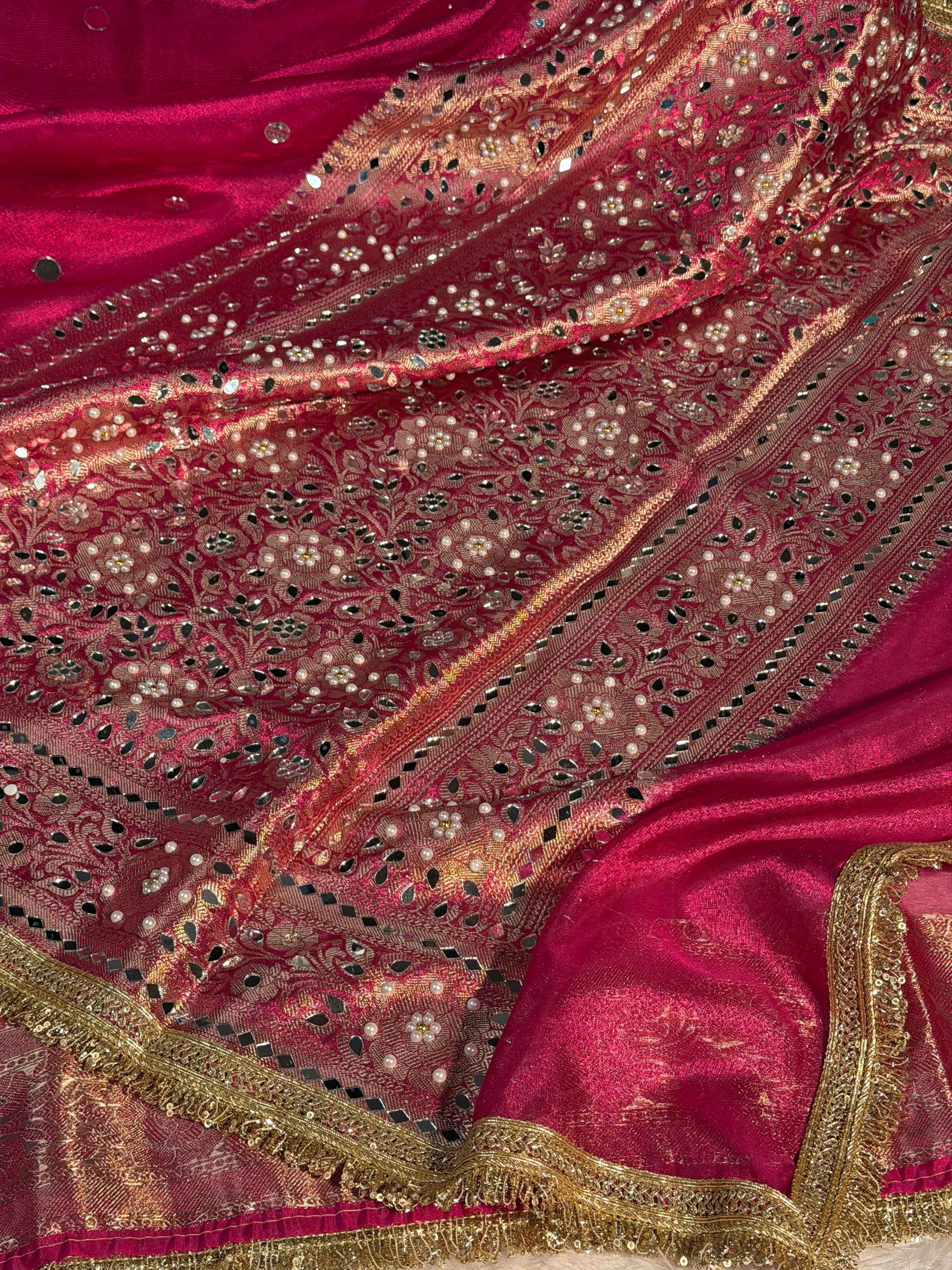 Metallic Rani Pink Premium Tissue Silk Saree Hand Mirror Work with Lace Attached