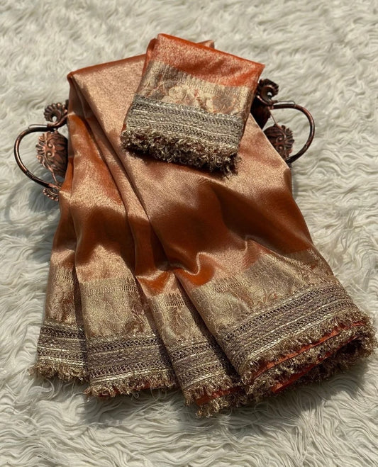 Metallic Orange Bridal Banarasi Tissue Silk Saree with Premium Lace