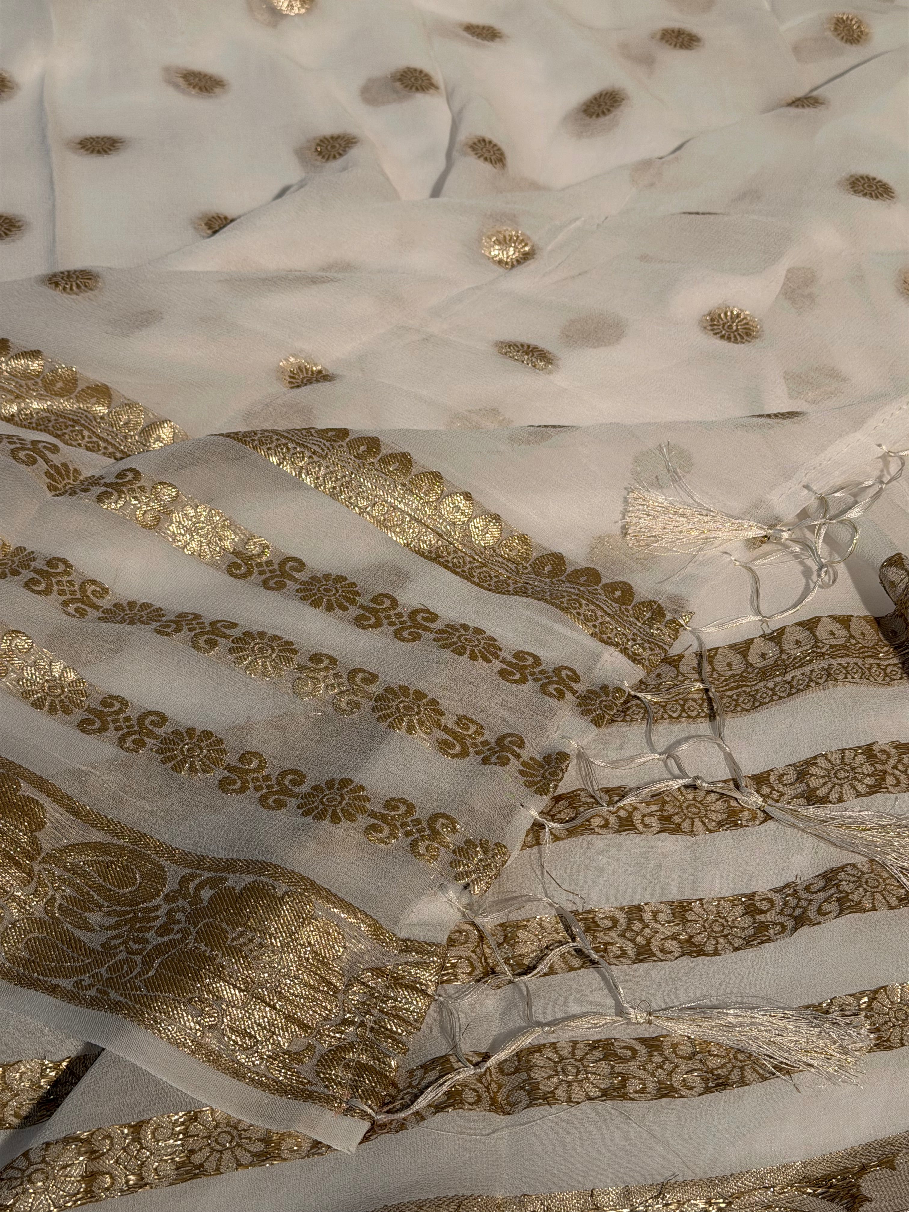 Off White Premium Viscose Georgette Silk Banarasi Saree