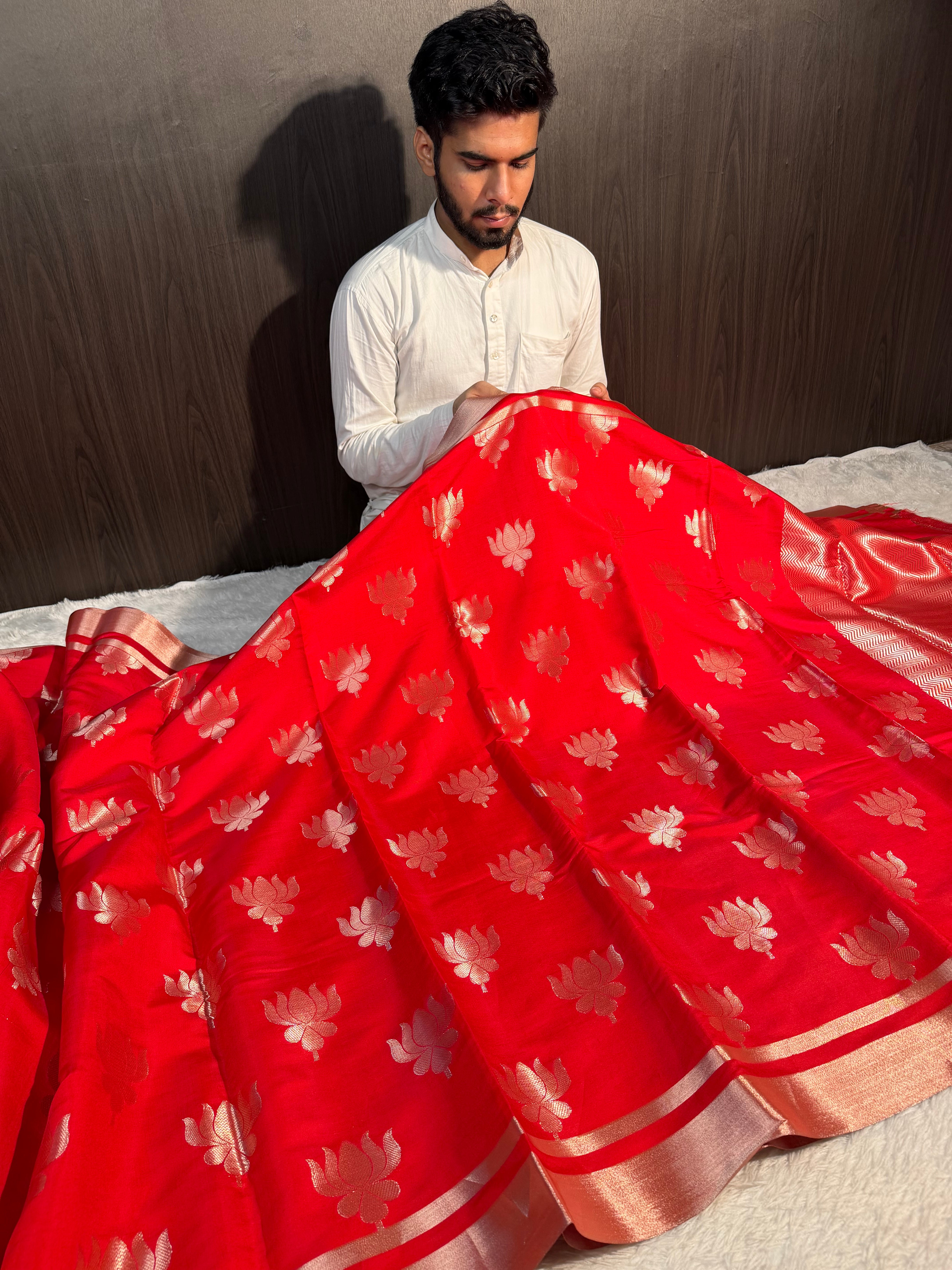 Bridal Red Premium Soft Katan Silk Banarasi Saree with Lotus Buta Weave