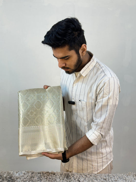 Celebrity Inspired Allover Silver Zari Weave Bridal Kanjeevaram Tissue Banarasi Saree