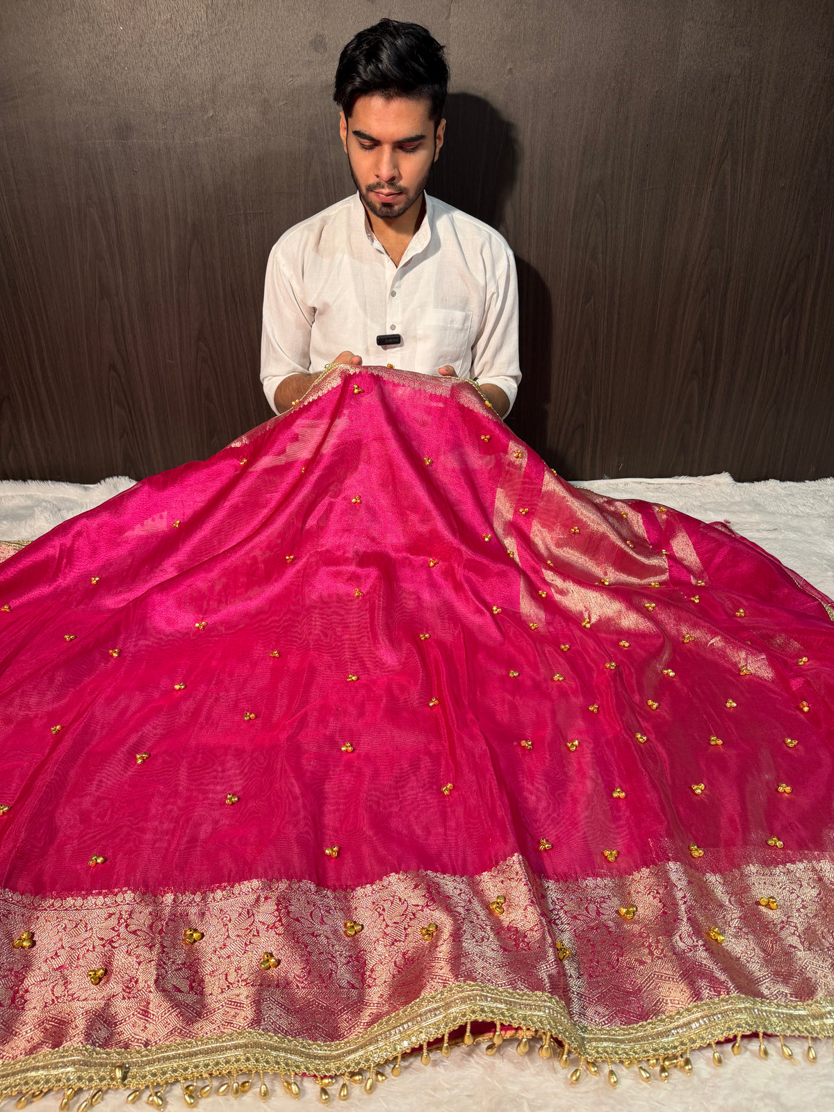 Viral Ghungroo Handwork Bridal Rani Pink Premium Tissue Silk Banarasi Saree