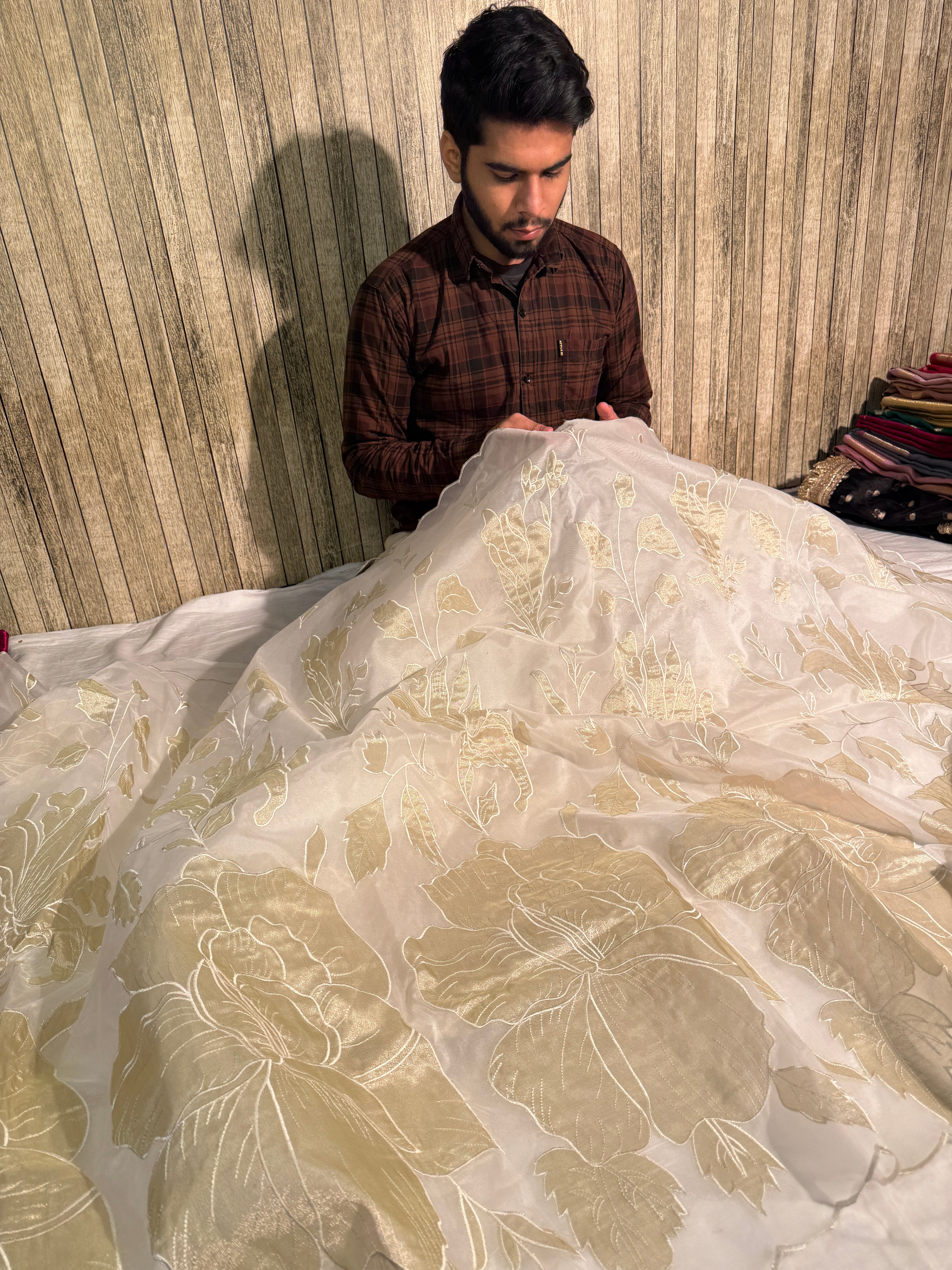 White Premium Organza Silk Banarasi Saree with Tissue Applique Work