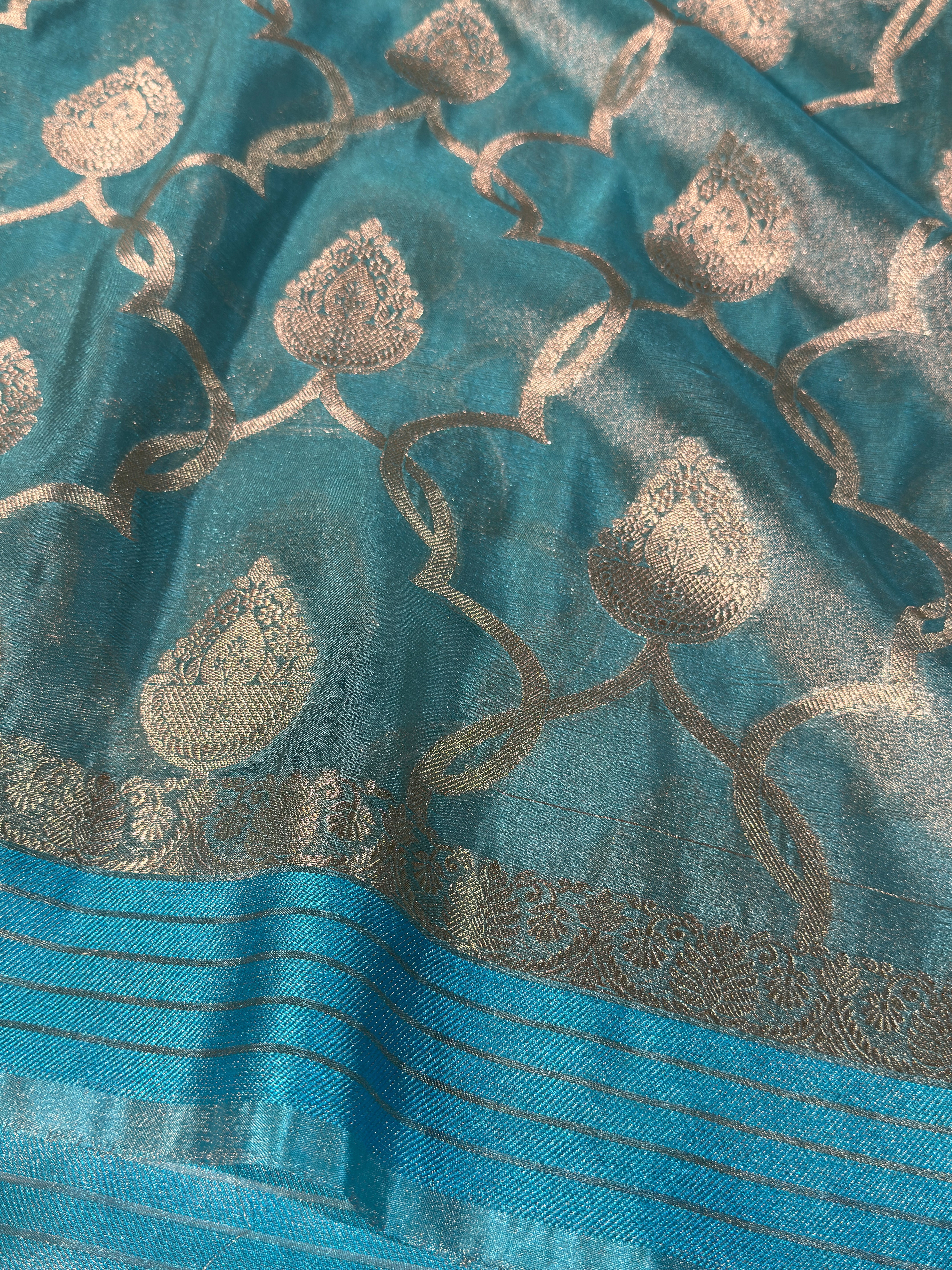 Metallic Firozi Blue Premium Breathable Tissue Silk Banarasi Saree