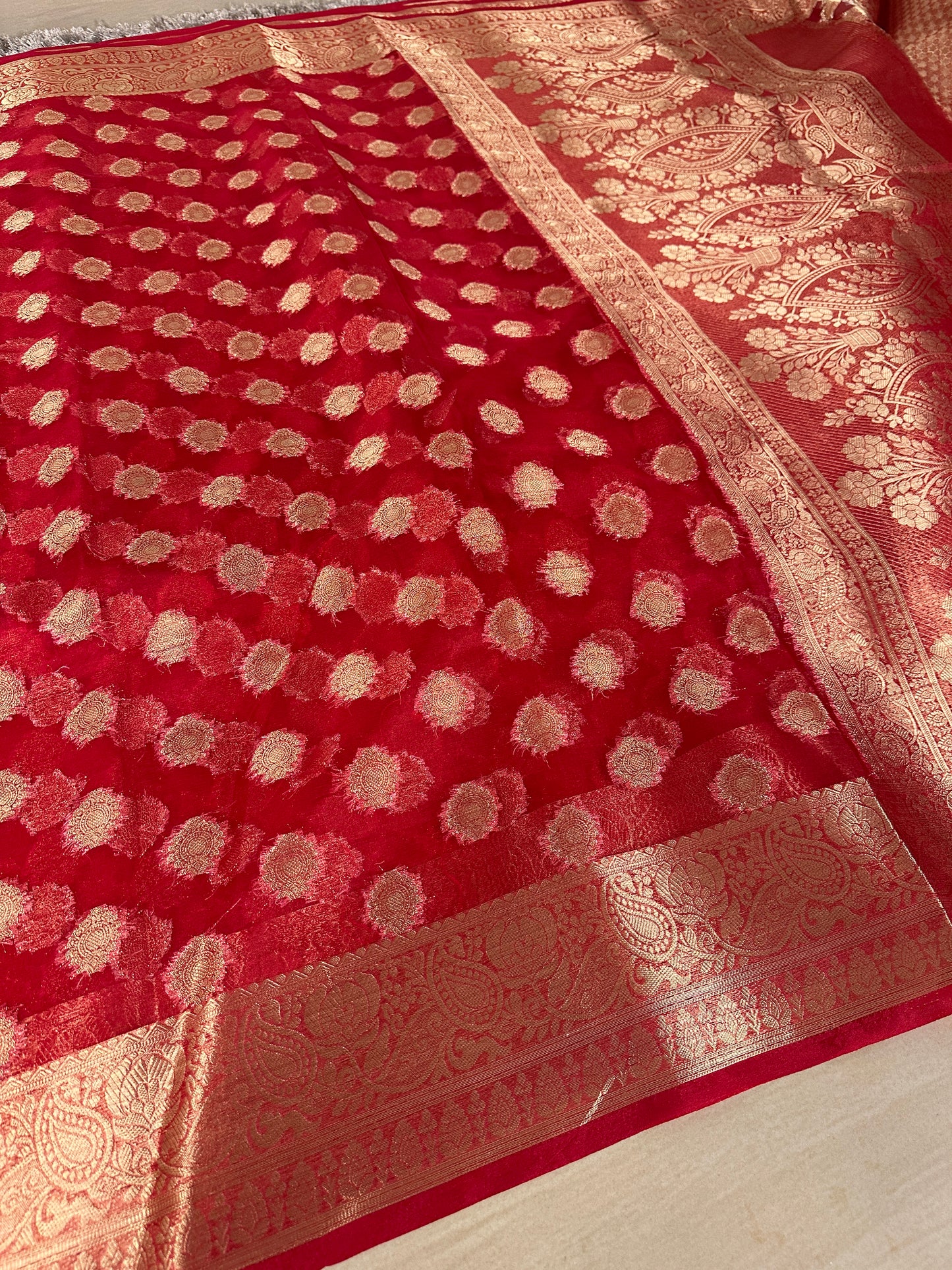 Beautiful Red Organza Silk Banarasi Saree with Premium Lace