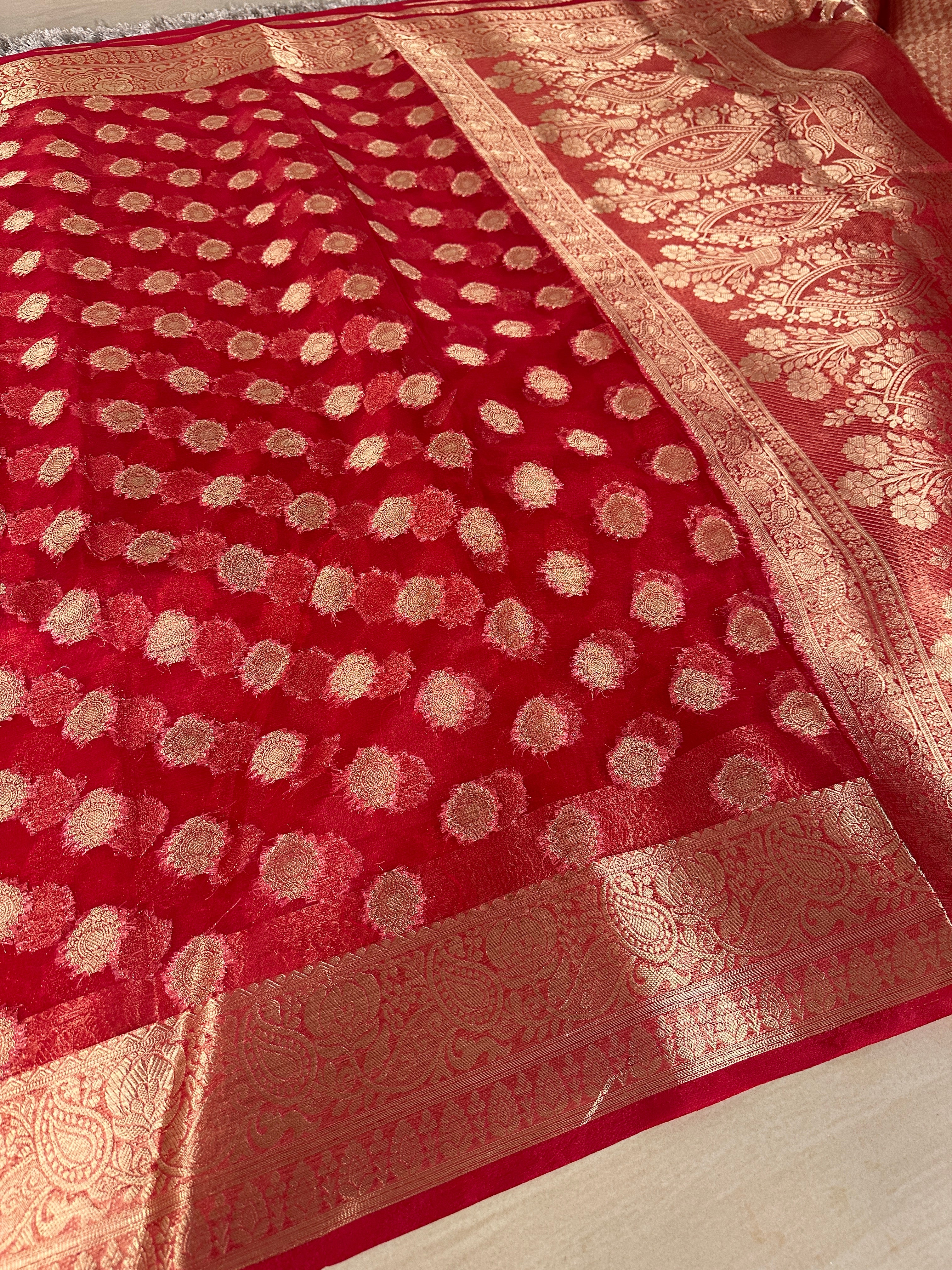 Beautiful Red Organza Silk Banarasi Saree