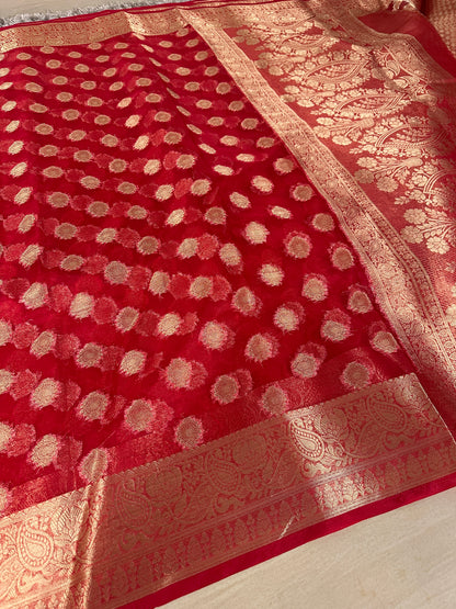 Beautiful Red Organza Silk Banarasi Saree with Premium Lace