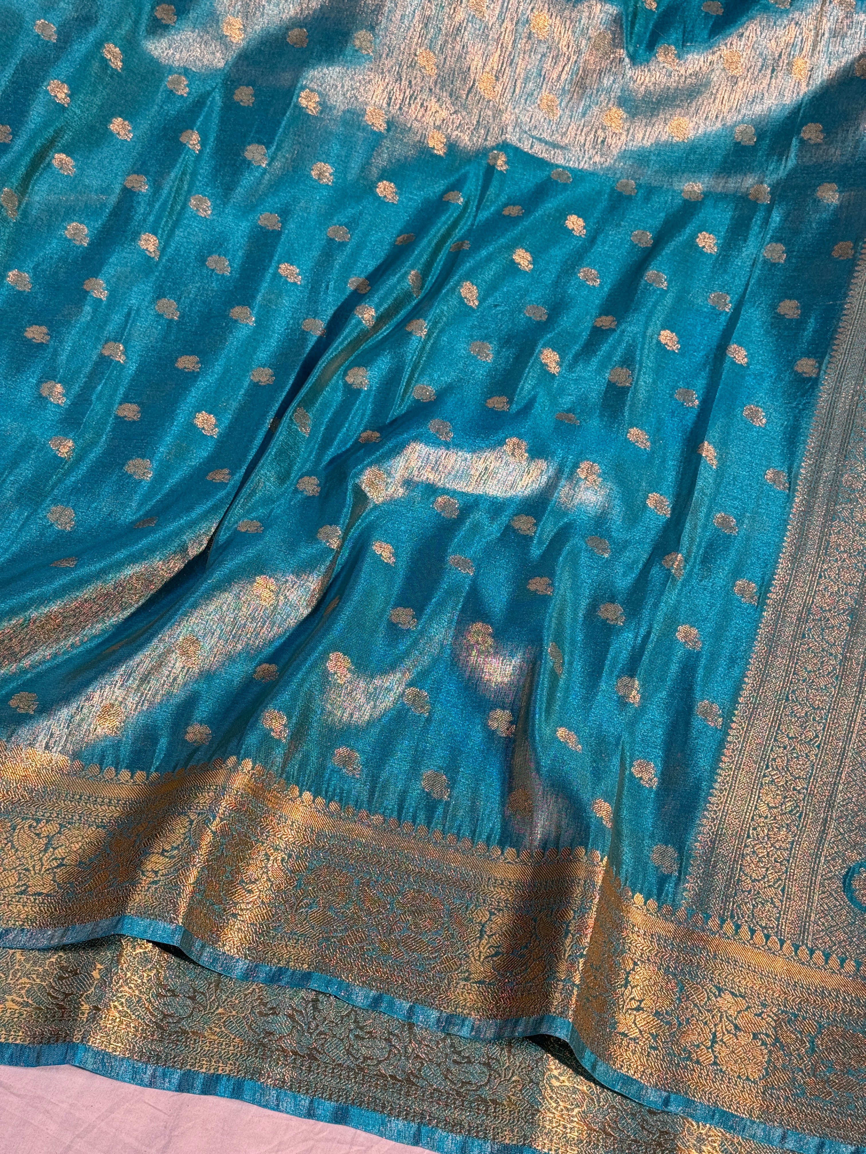 Metallic Firozi Premium Breathable Soft Tissue Silk Banarasi Saree