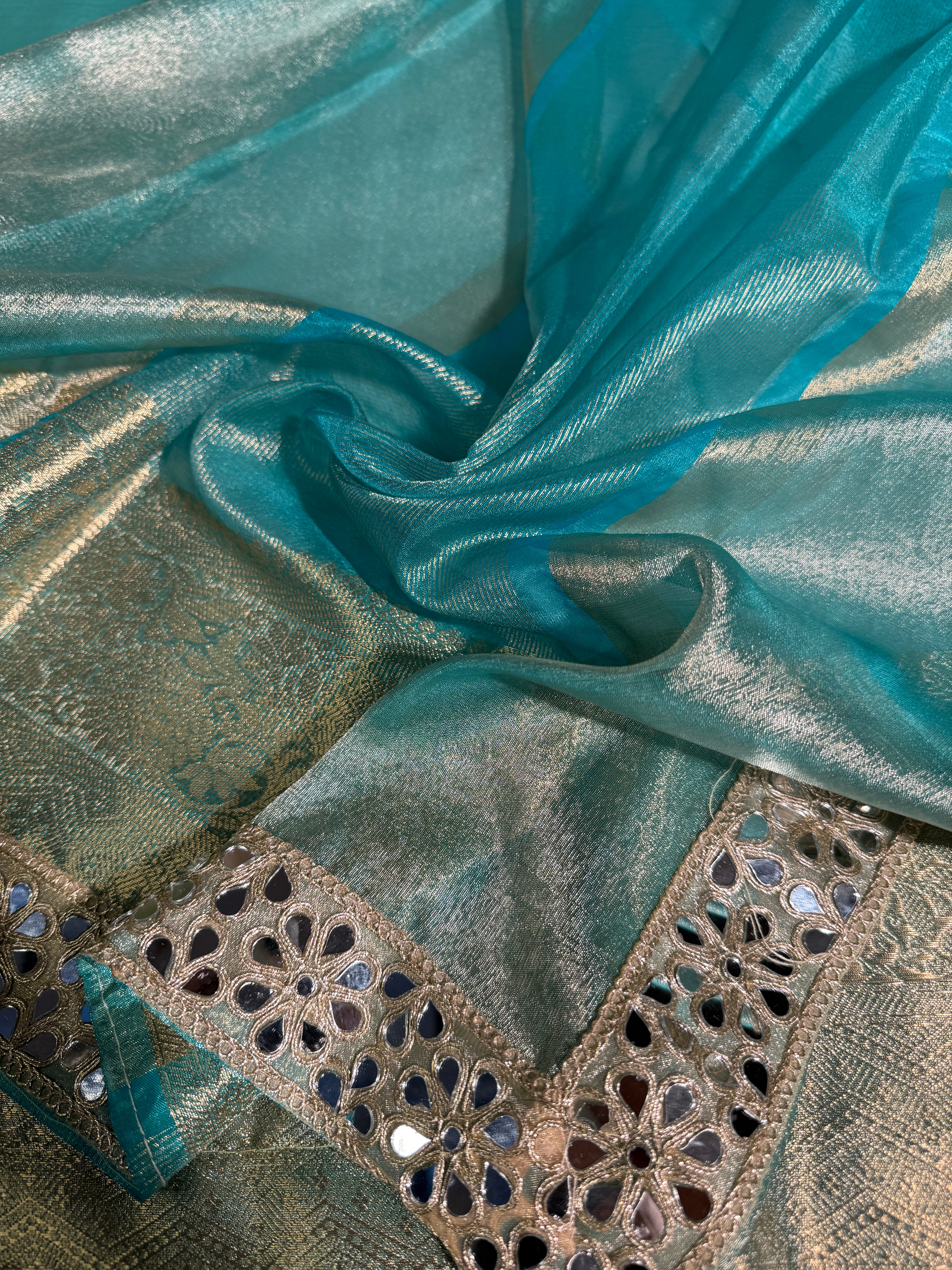 Sea Green Premium Tissue Silk Mirror Lace Work Banarasi Saree