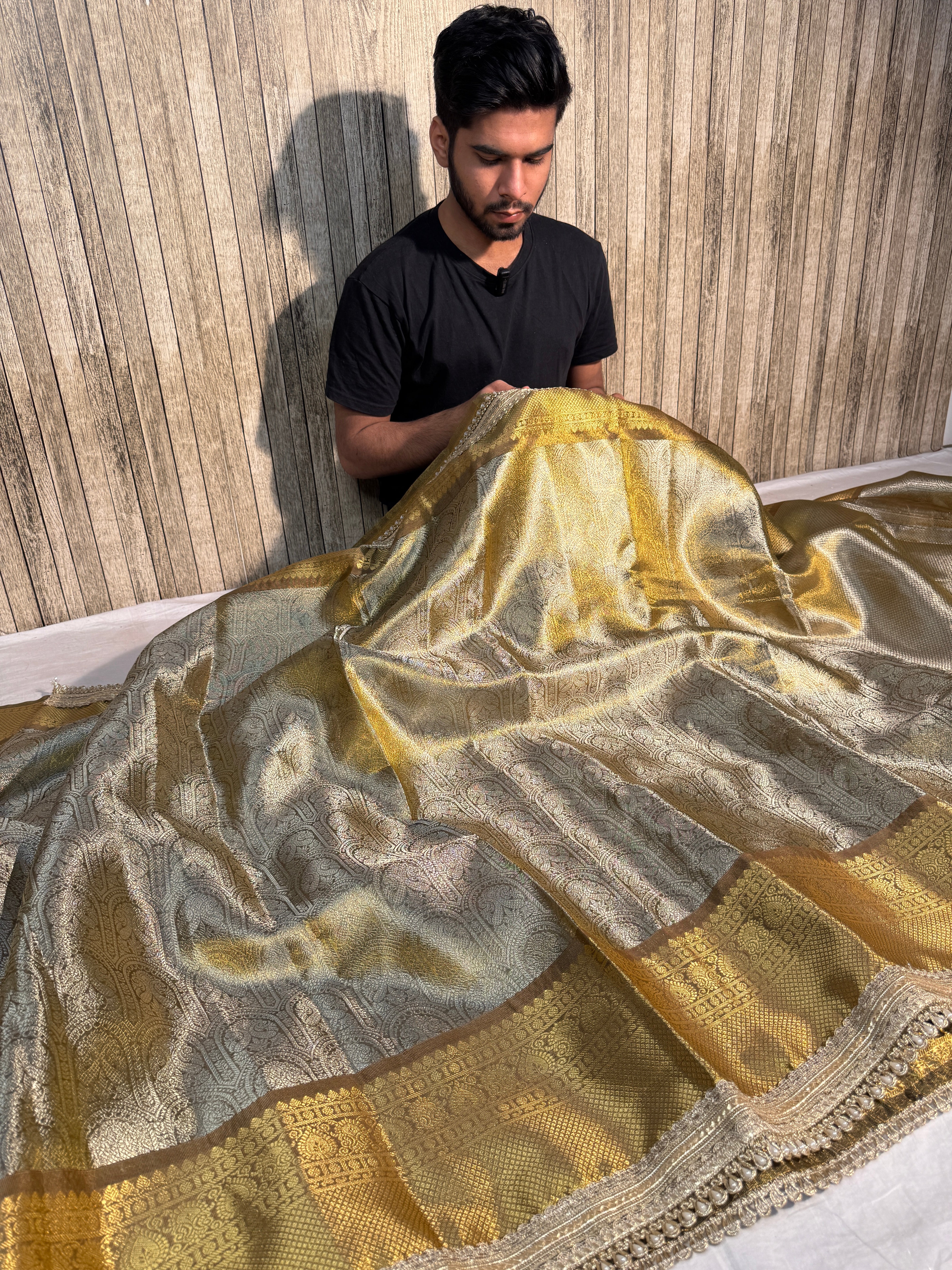 Shobhita Mam Inspired Kanjeevaram Tissue Silk Moti Lace Attached Banarasi Saree