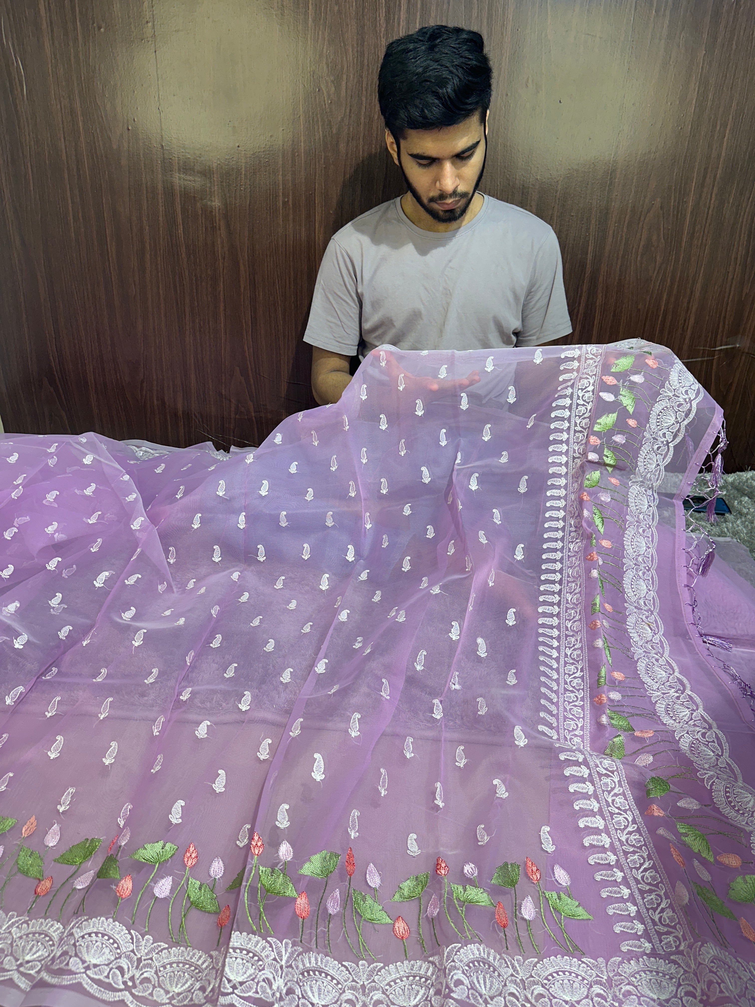 Pastel Lavendar Multi Floral Chikankari Banarasi Organza Silk Saree