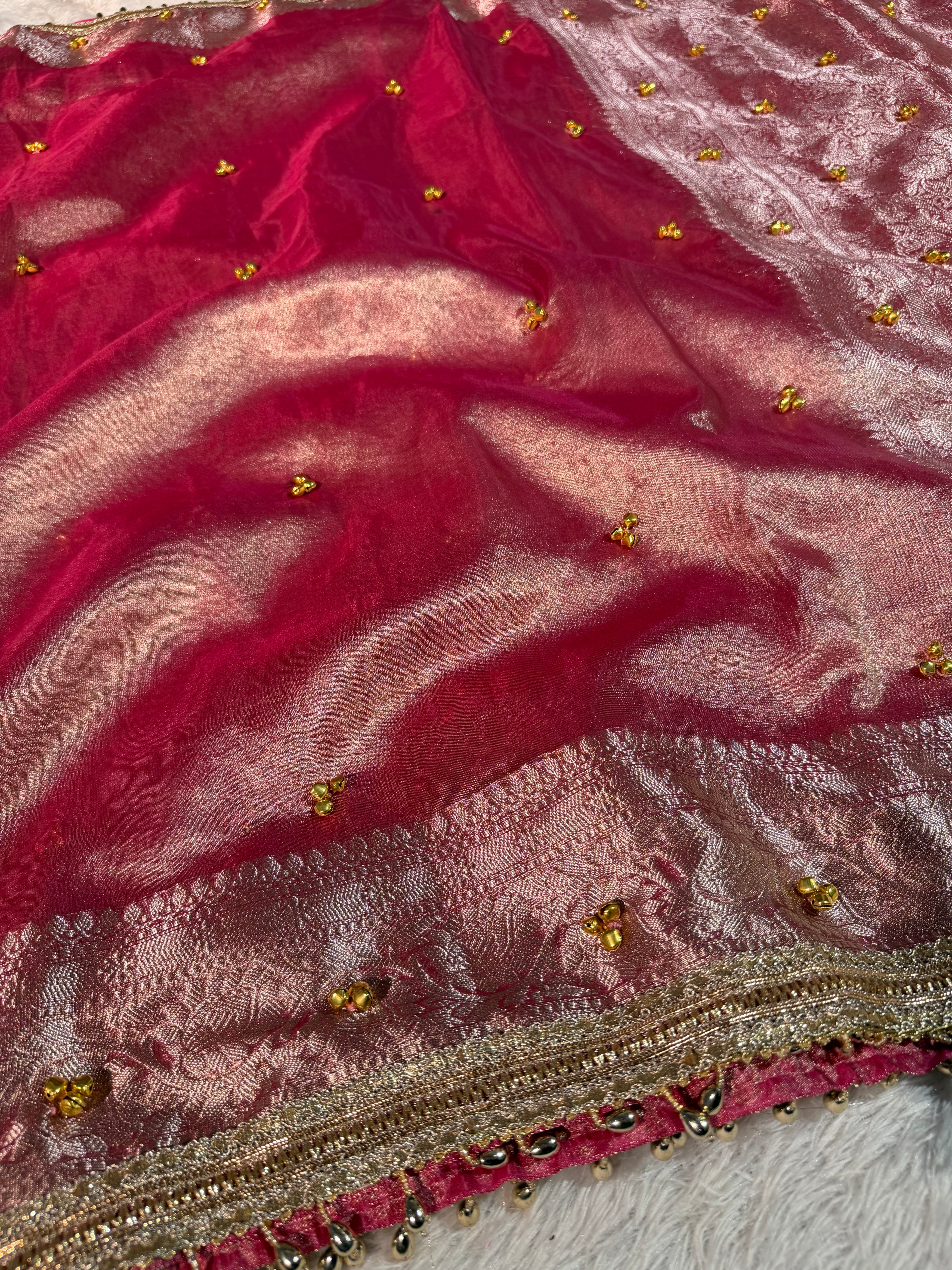 Ghungroo Handwork Metallic Pink Premium Tissue Silk Banarasi Saree