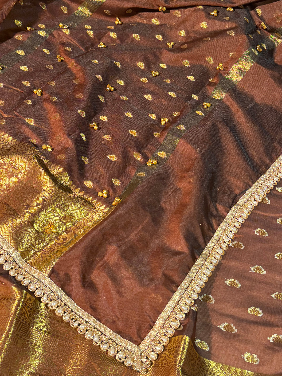 Viral Ghungroo Handwork Brown Premium Katan Silk Banarasi Saree