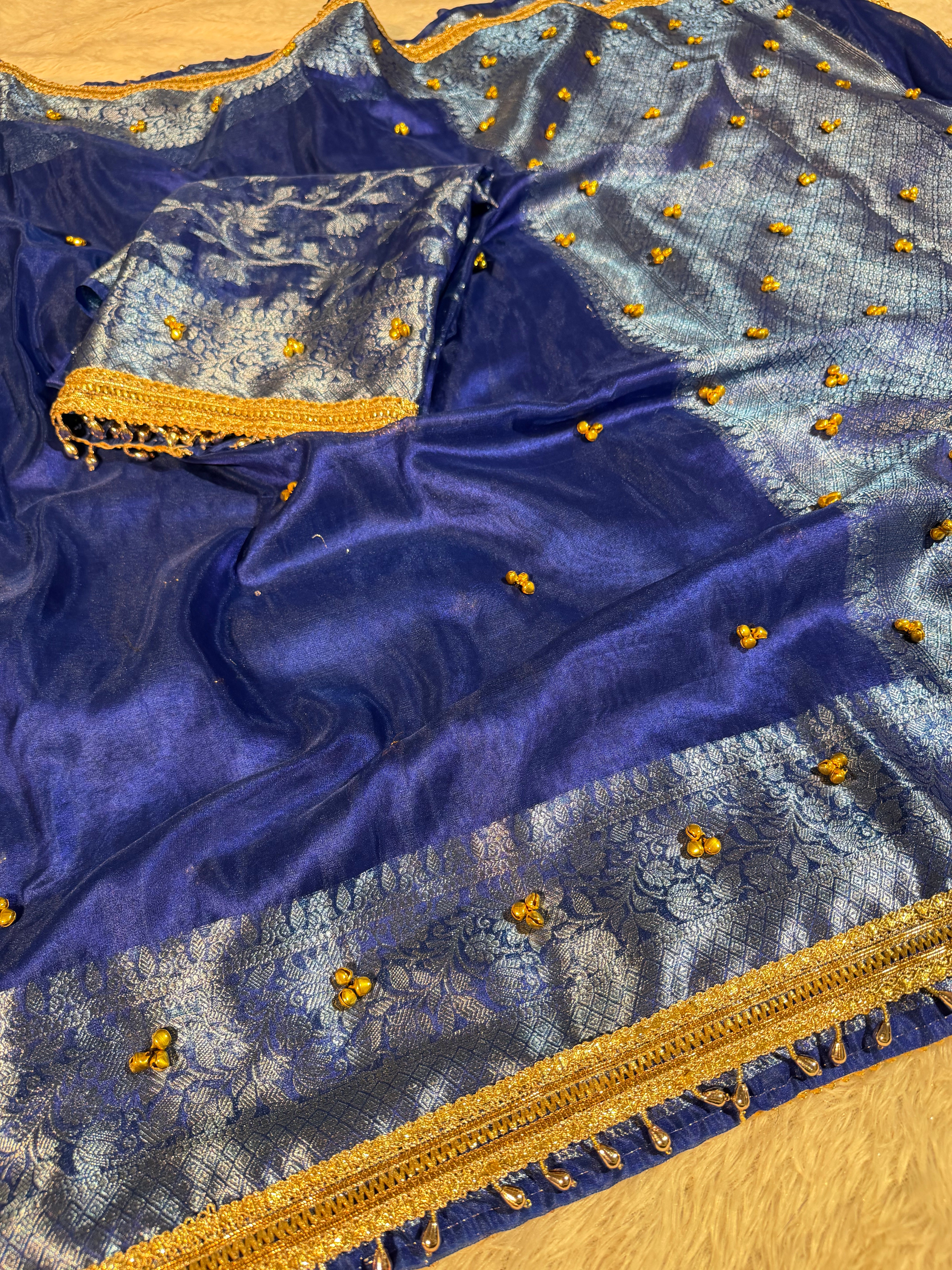 Ghungroo Handwork Metallic Royal Blue Premium Tissue Silk Banarasi Saree