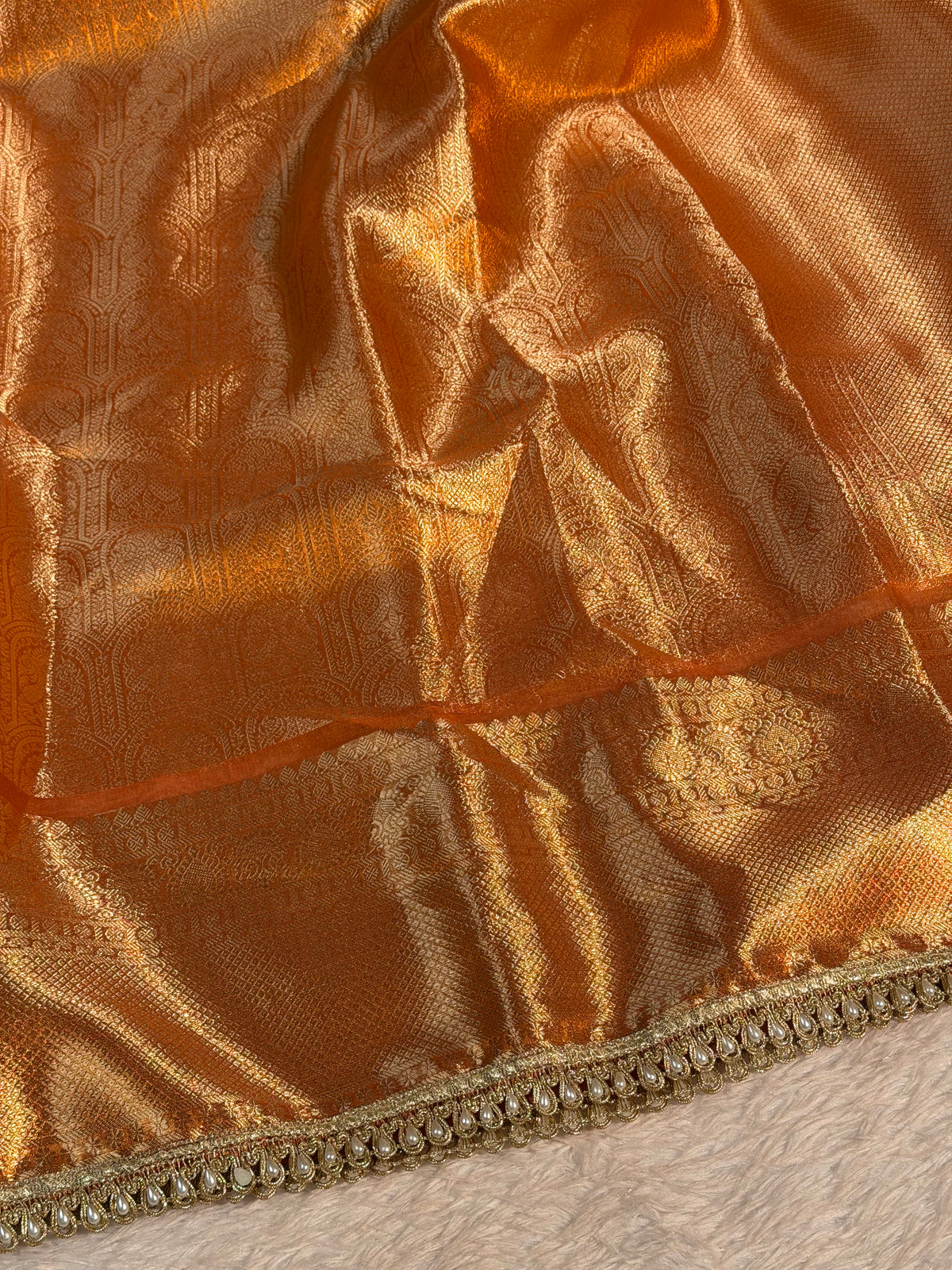 Metallic Orange Kanjeevaram Tissue Silk Banarasi Saree with Moti Lace
