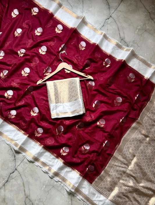 Maroon with White Bridal Warm Silk Premium Banarasi Saree