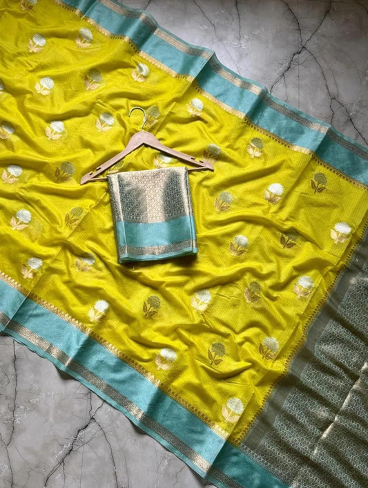 Lemon Yellow with Sky Blue Bridal Warm Silk Premium Banarasi Saree