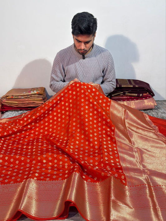 Orange Premium Chiniya Silk Zari Buti Weave Banarasi Saree
