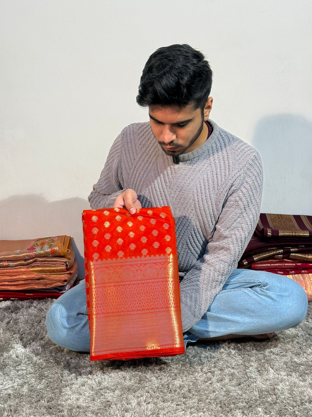 Orange Premium Chiniya Silk Zari Buti Weave Banarasi Saree