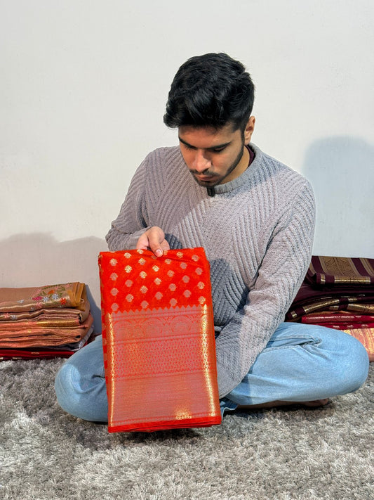 Orange Premium Chiniya Silk Zari Buti Weave Banarasi Saree