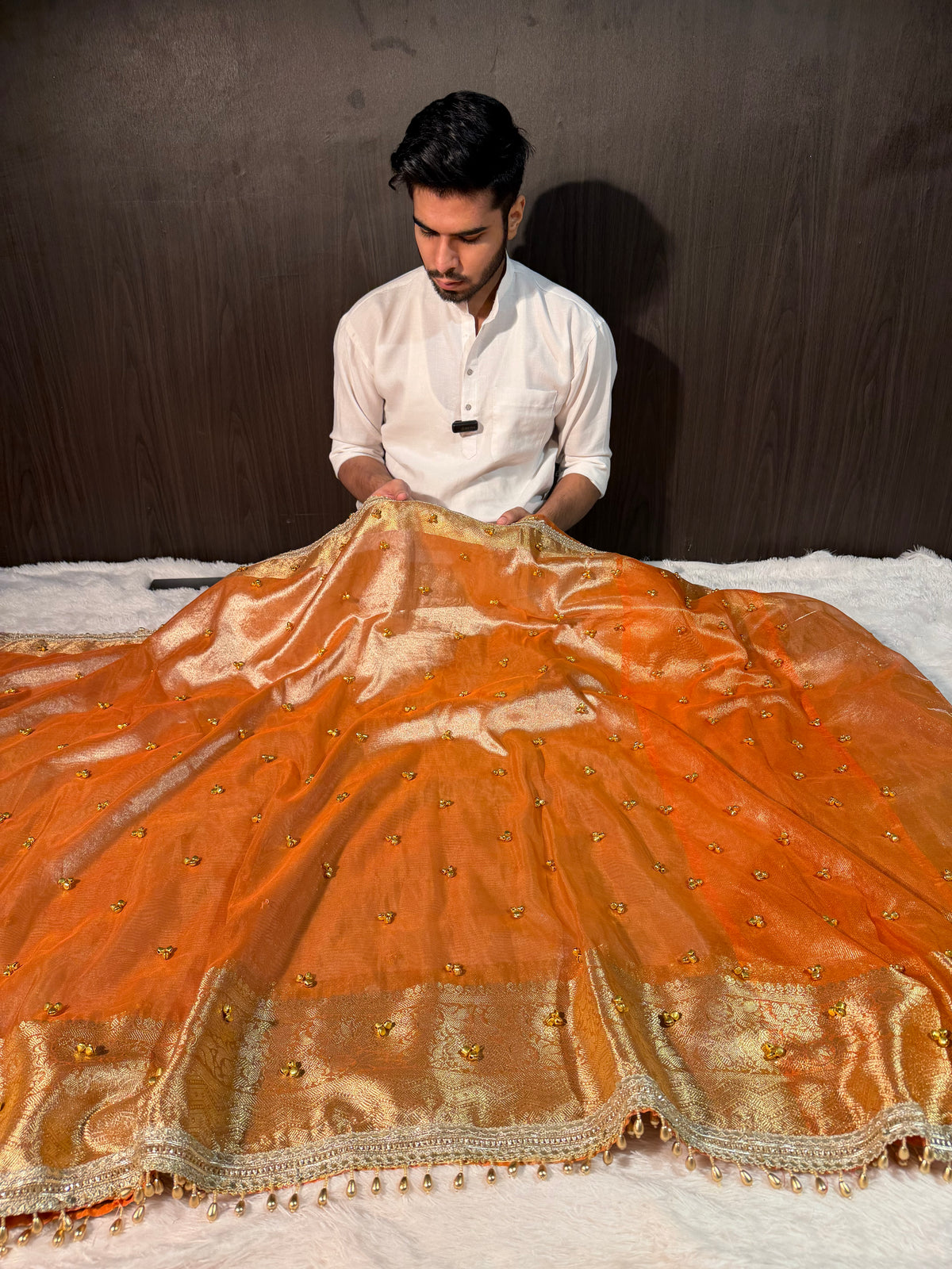 Viral Ghungroo Handwork Metallic Orange Premium Tissue Silk Banarasi Saree