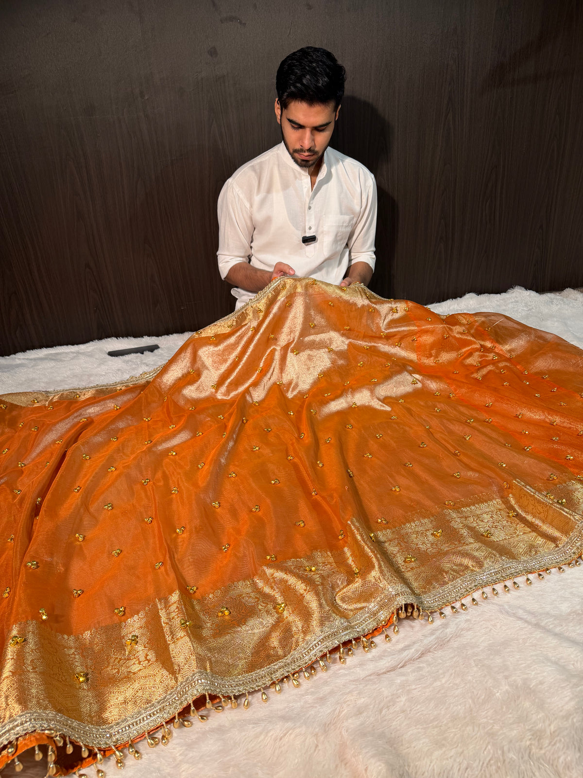 Viral Ghungroo Handwork Metallic Orange Premium Tissue Silk Banarasi Saree
