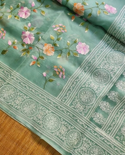 Seagreen chikankari organza saree