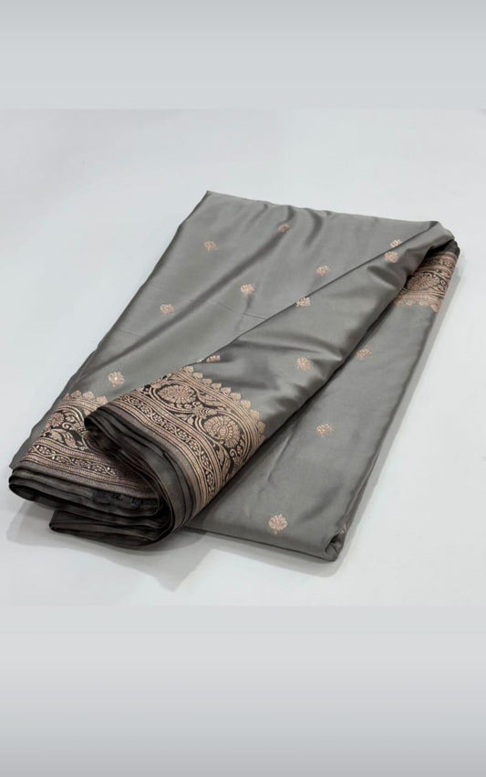 BRIDAL GREY PREMIUM MASHRU KATAN BUTI WEAVE BANARASI SAREE
