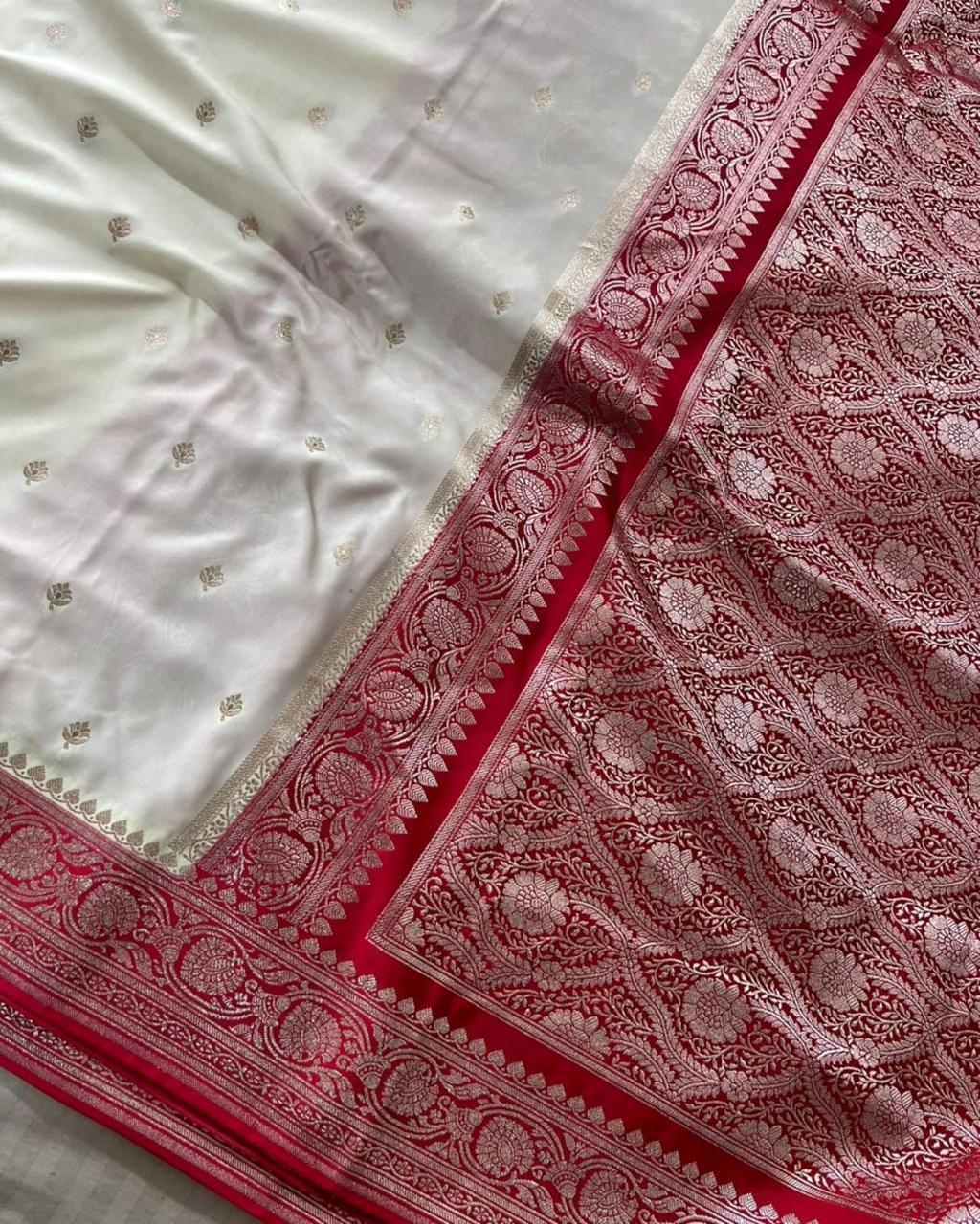 BRIDAL CREAM RED PREMIUM MASHRU KATAN BANARASI SAREE