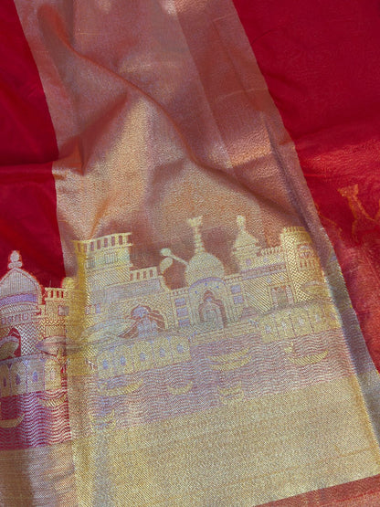 Premium Ghat Design Red Soft Kaath Bandh Weave Warm Silk Banarasi Saree