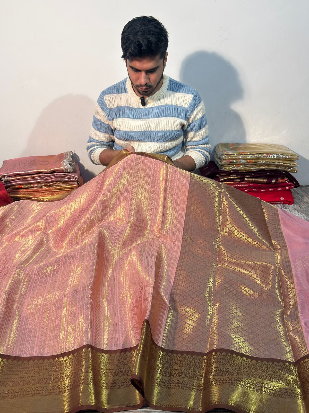 Pink with Brown Premium Kanjeevaram Tissue Silk Saree