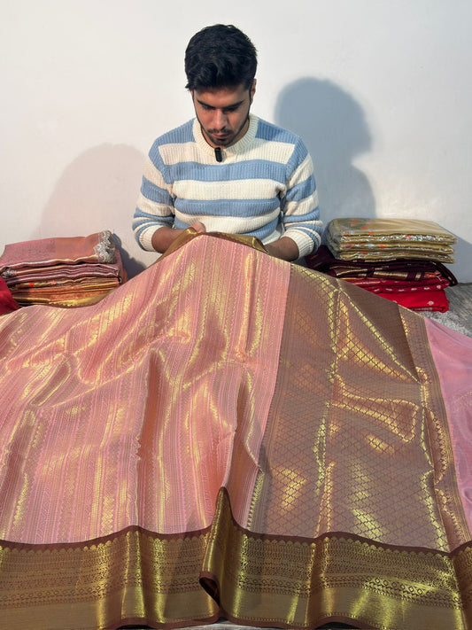 Pink with Brown Premium Kanjeevaram Tissue Silk Saree