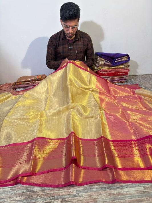 Cream with Pink Premium Kanjivaram Brocade Tissue Silk Banarasi Saree