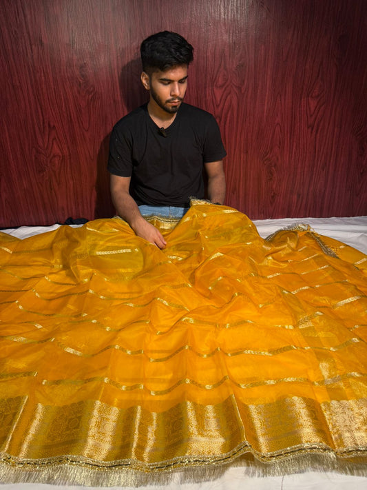 Yellow Banarasi Organza Silk Saree with Premium Lace