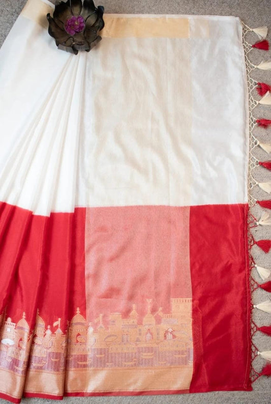 Pretty Cream and Red Bridal Warm Silk Banarasi Ghat Saree
