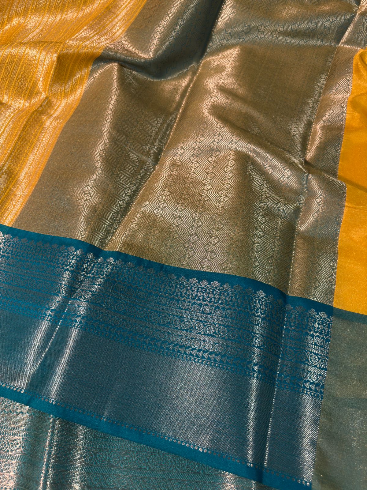 Yellow with Seagreen Premium Kanjeevaram Tissue Silk Banarasi Saree