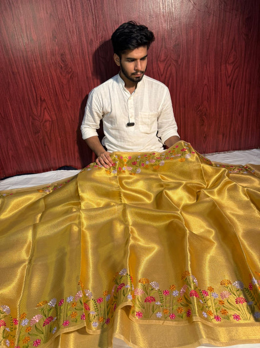 Premium Banarasi Tissue Silk Designer Saree with Multi Floral Embroidery
