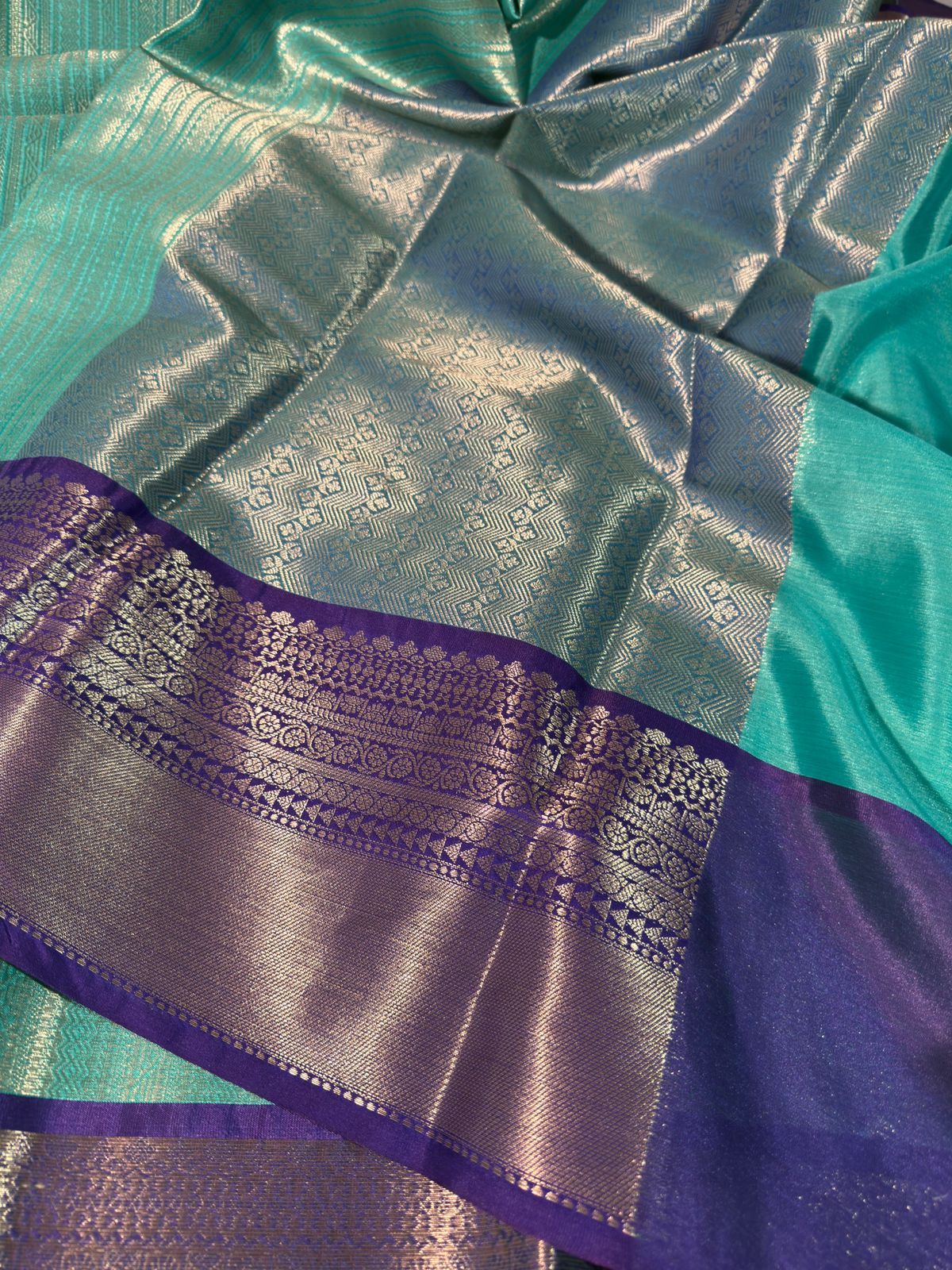 Seagreen with Purple Kanjeevaram Tissue Silk Banarasi Saree