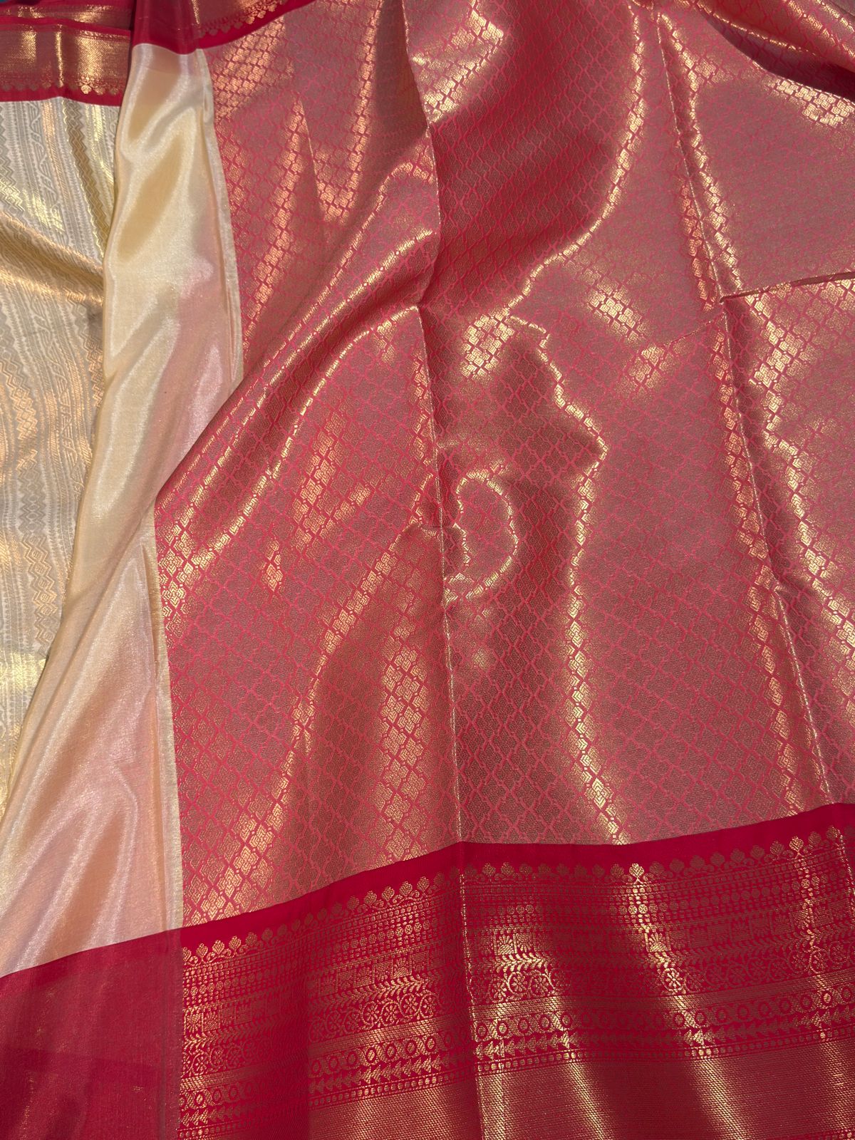Cream with Red Premium Kanjivaram Brocade Tissue Silk Banarasi Saree