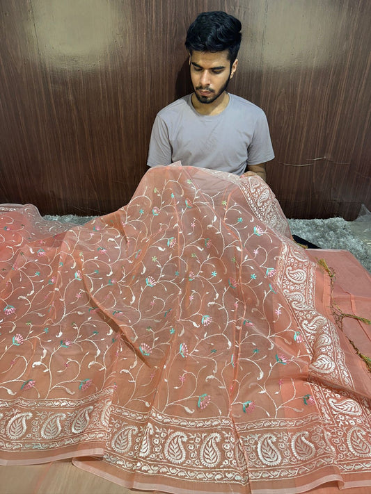 Pastel Peach Designer Chikankari Organza Banarasi Saree