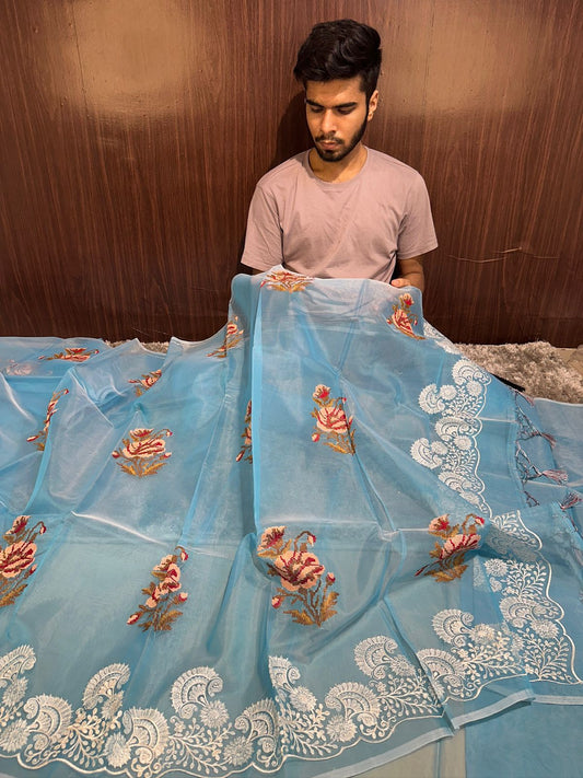 Pastel Firozi Designer Chikankari Organza Banarasi Saree