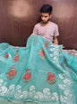 Pastel Seagreen Designer Chikankari Organza Banarasi Saree