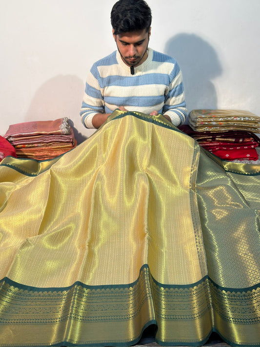 Cream with Green Kanjeevaram Brocade Tissue Silk Saree