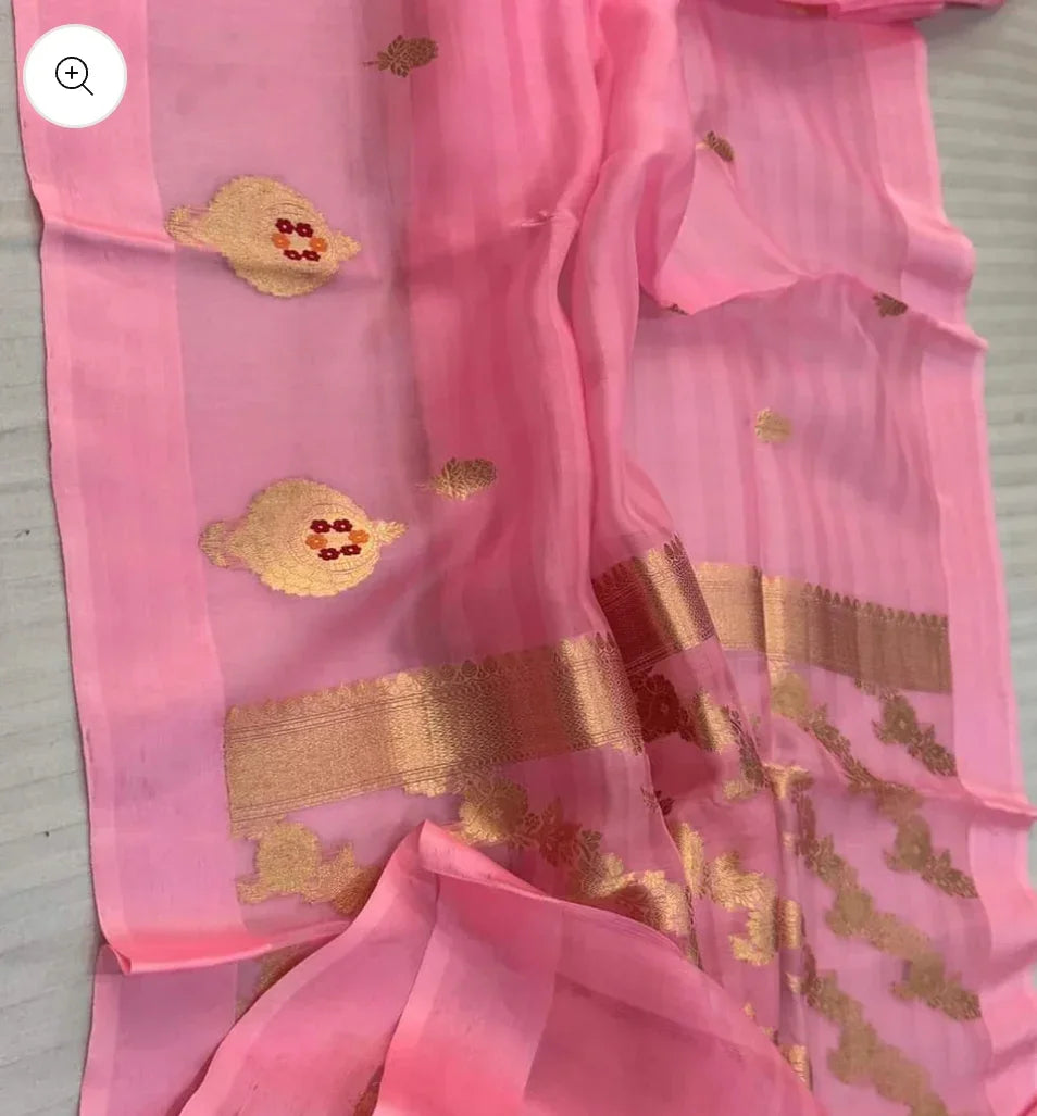Pastel Pink Meenakari Organza Silk Banarasi Saree