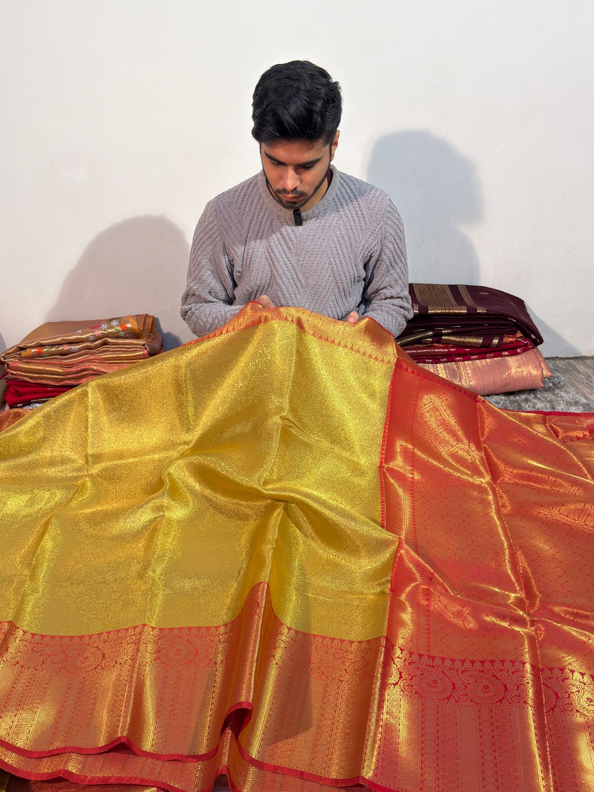 Gold with Red Premium Kanjivaram Tissue Silk Banarasi Saree