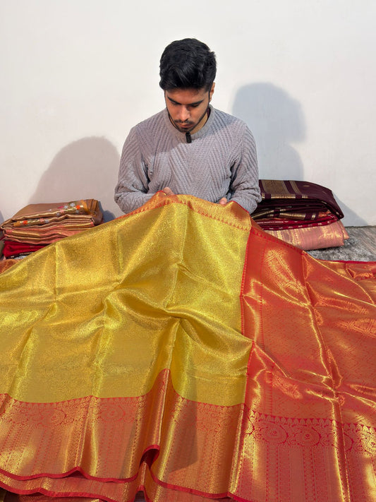 Gold with Red Premium Kanjivaram Tissue Silk Banarasi Saree