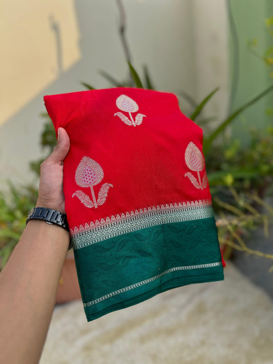 Red with Green Bridal Warm Silk Banarasi Saree
