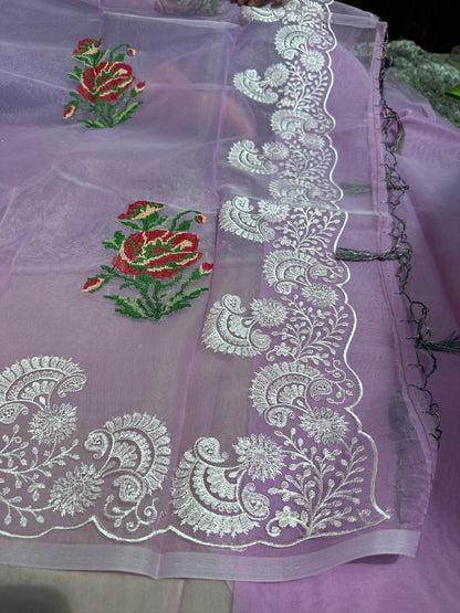Pastel Lavender Designer Chikankari Organza Banarasi Saree