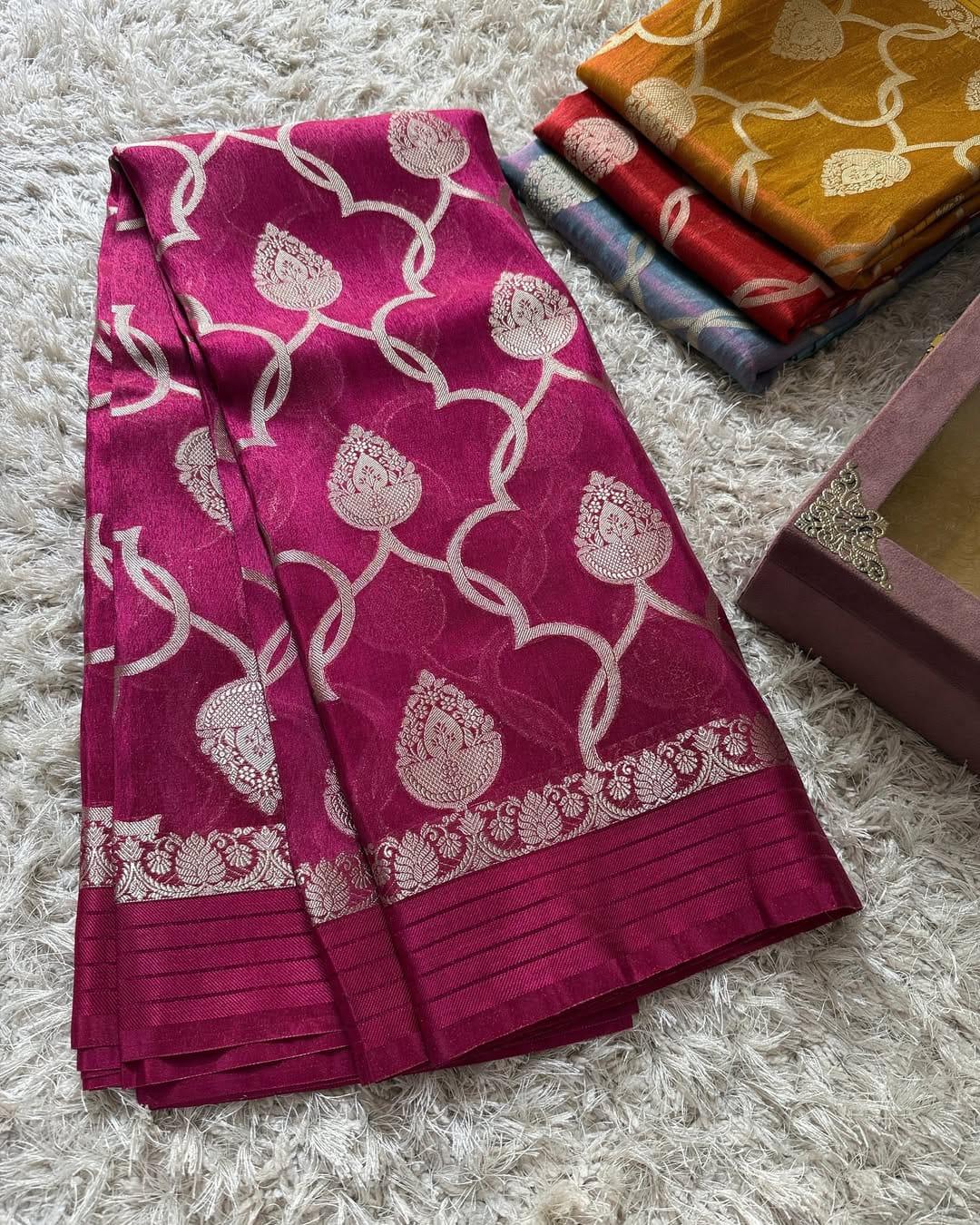 Rani Pink Bridal Tissue Silk Banarasi Saree with Floral Weave