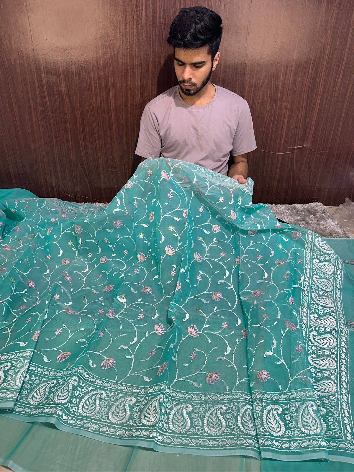 Pastel Seagreen Designer Chikankari Organza Banarasi Saree